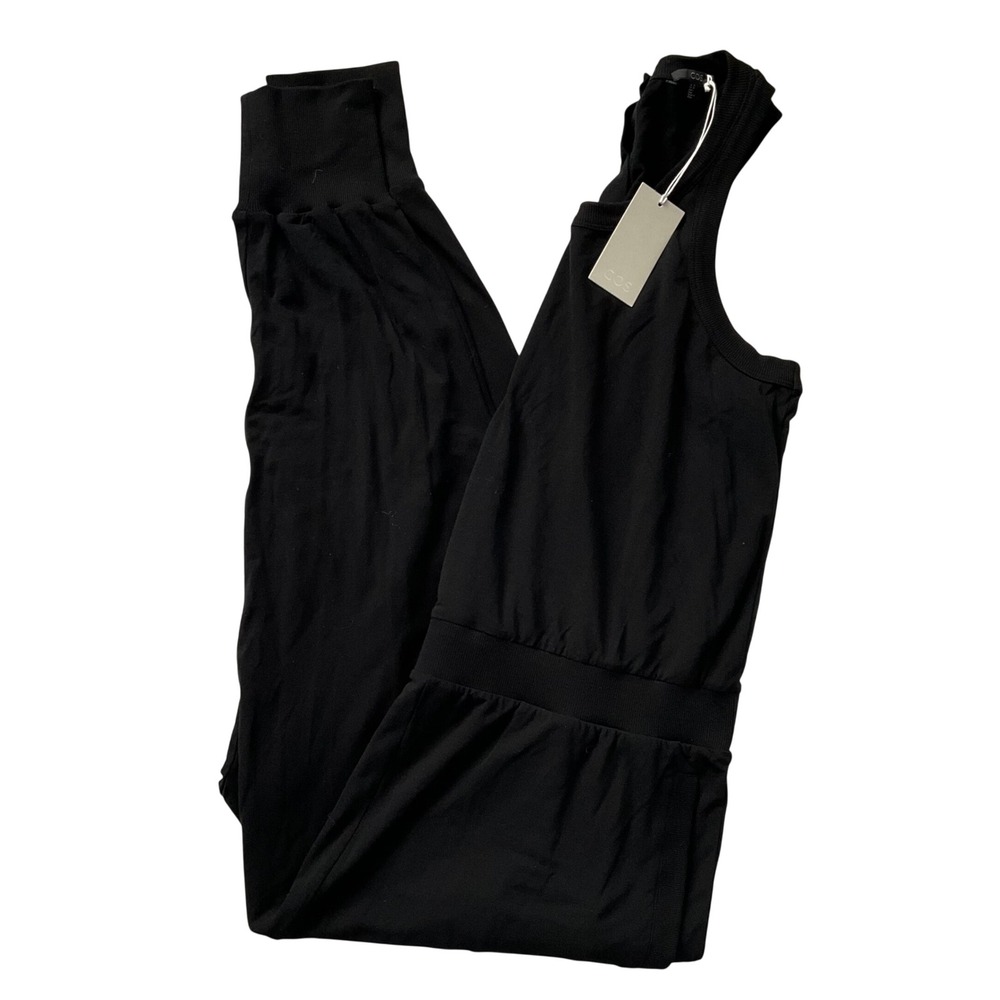 COS M Black Jogger Jumpsuit Button Back One Piece Romper Drop Waist Pockets NWT‎